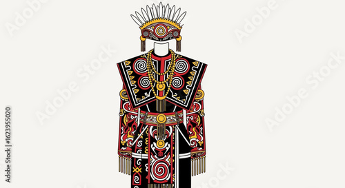 Intricate Traditional Attire Illustration with Cultural Patterns and Ornate Headdress