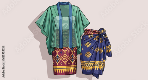Cultural Attire Illustration: Traditional Southeast Asian Garments with Ornate Textile Patterns