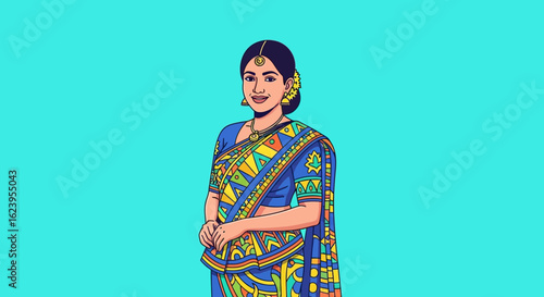 Smiling South Asian Woman in Vibrant Ethnic Sari Vector Illustration