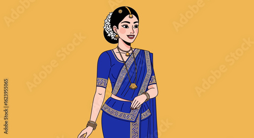 Traditional Indian Woman in Blue Saree and Jewelry. Cultural Attire Illustration.