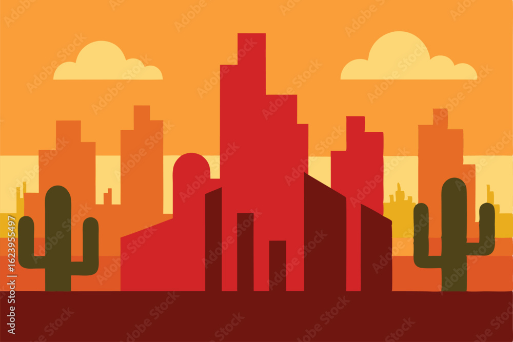 Fototapeta premium city skyline and desert cactus overlapping scene (1).eps
