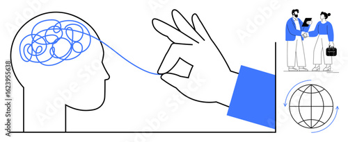 Brain untangling line of thoughts by hand, conversation between two people, globe with dynamic arrow. Ideal for problem-solving, mental clarity, teamwork, communication, global connection