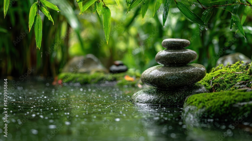 Peaceful zen garden scene after rain Peaceful zen garden scene after rain