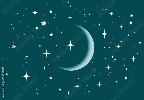 A Beautiful Crescent Moon Shines Brightly Amidst a Vast Expanse of Twinkling Stars Against a Deep Teal Night Sky