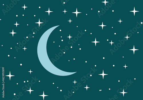 A serene crescent moon hangs in a dark teal sky filled with a multitude of twinkling stars creating a magical and peaceful celestial panorama for contemplation and dreams