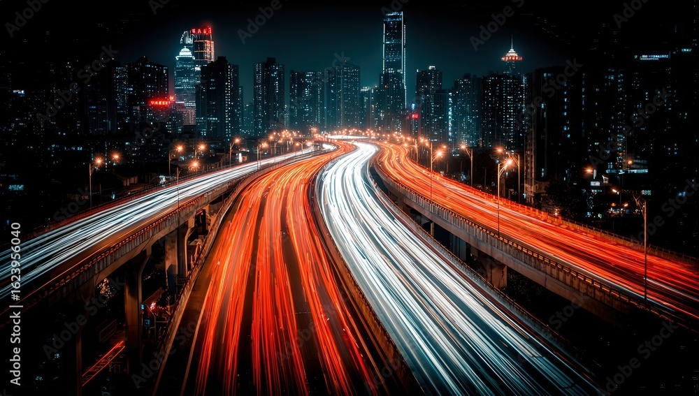Obraz premium Night City Traffic Lights Trails Overpass