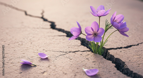 Ilustração com flores lilases crescendo de uma rachadura no chão, representando esperança e renascimento feminino Agosto Lilás