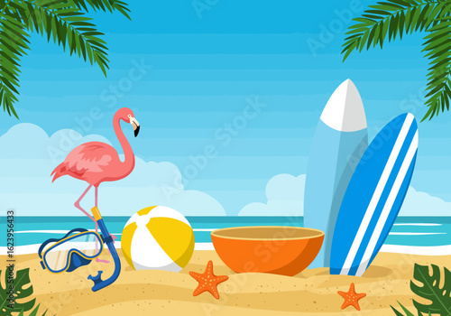 Vibrant Summer Beach Scene With Tropical Elements And Fun Activities Perfect For Vacation Getaways And Relaxing Holidays