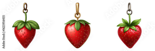 Strawberry heart shaped pendant charms with green leaves and metal loops, vibrant red color, perfect for jewelry design