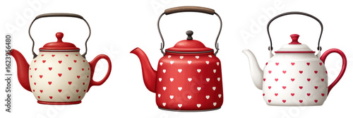 Polka dot kettle set with red and white heart patterns and black handles, charming kitchenware with steam heart shapes