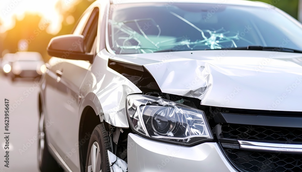 Fototapeta premium Close-up of a silver car with a severely damaged front headlight and smashed hood after a road accident.