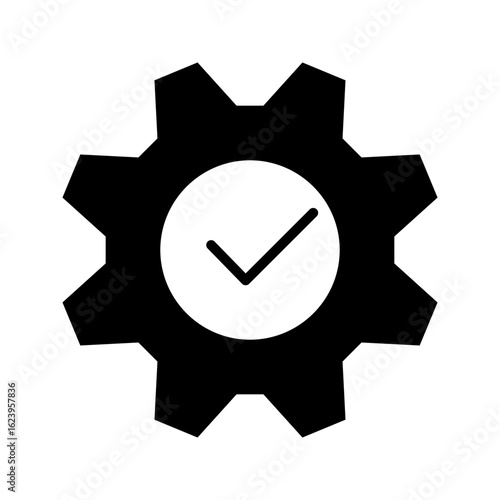 Easy to install vector line icon isolated on white background. Abstract technical symbol for simple installation, gear pictogram with check mark, hassle free mending emblem
