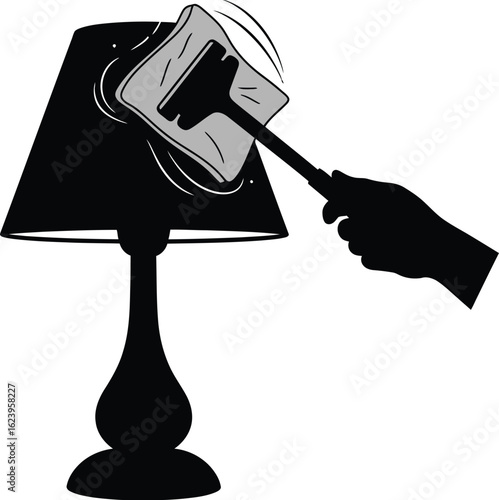 Vector art of a hand is dusting a lamp shade with a duster isolated on white background
