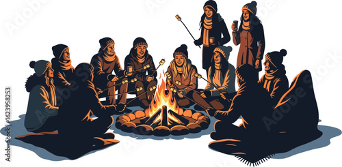Vector art of a group of friends are sitting around a campfire roasting marshmallows isolated on white background
