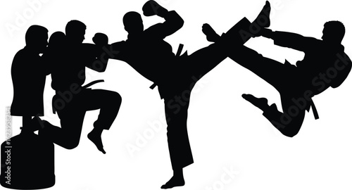 Vector art of a group of people are practicing martial arts with kicks and punches in silhouette isolated on white background