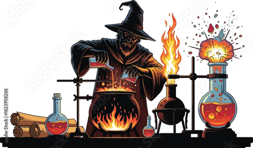 Vector art of a wizard is brewing a potion in a cauldron with fire and explosions isolated on white background