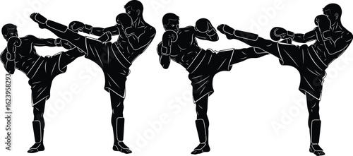 Vector art of silhouettes of muay thai fighters executing kicks isolated on white background, showcasing the power and agility of this combat sport