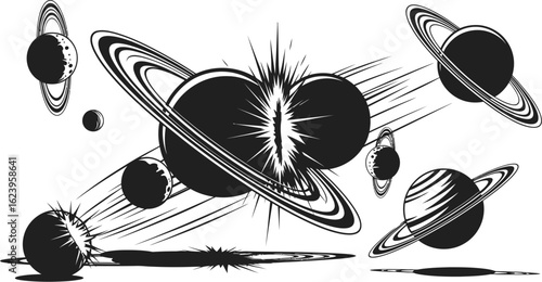 Vector art of a graphic illustration of planets and space with rings and explosions in black and white