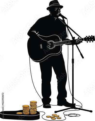 Vector art of a silhouette of a street musician playing guitar and singing into a microphone, with a hat and money on the ground, isolated on white background
