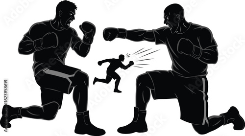 Vector art of a dynamic silhouette of two boxers kneeling in a fighting stance with a smaller figure running between them, isolated on white background