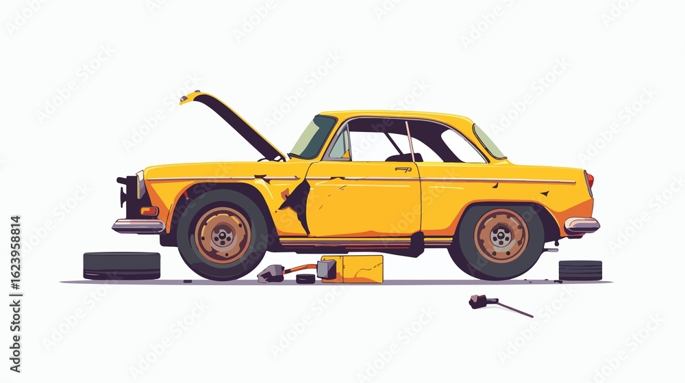 Fototapeta premium Classic yellow car broken down needing repair with tools displayed roadside, ideal for automotive concepts