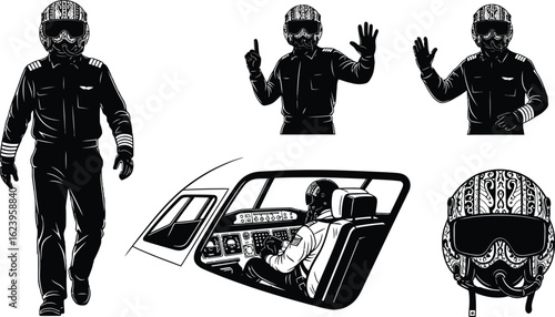 Vector art of a set of black and white vector illustrations depicting a helicopter pilot in various poses, including inside the cockpit and wearing a helmet