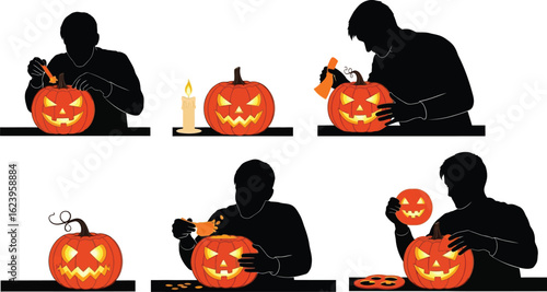 Vector art of a series of vector silhouettes illustrating the process of carving a jackolantern for halloween