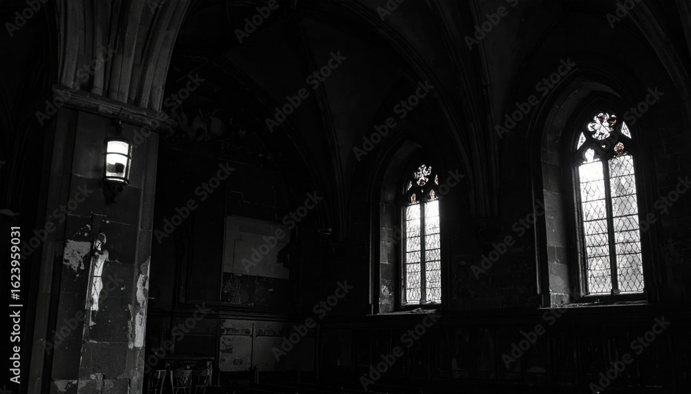 Obraz premium Gothic Architectural Interior With Dim Lighting And Stained Glass Windows
