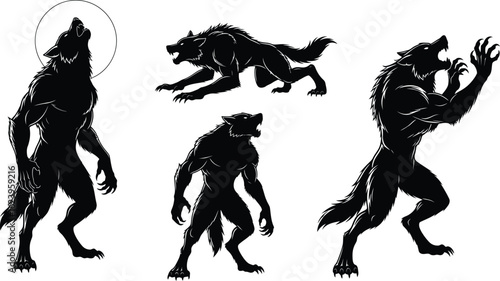 Vector art of a collection of werewolf silhouettes in various poses, embodying the horror and fantasy of mythical creatures, isolated on white background