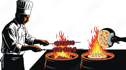 Vector art of a chef is cooking indian cuisine with tandoor, preparing naan and kebab over fire, isolated on white background