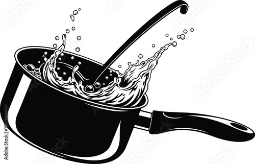 Vector art of a ladle is stirring water in a saucepan with a splash, isolated on white background