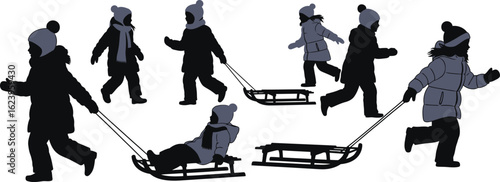 Vector art of a group of children are sledding in the snow, silhouetted against an isolated white background, enjoying a fun winter activity together