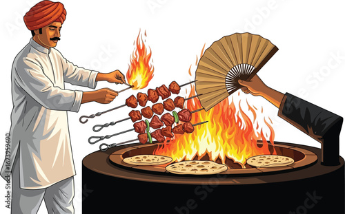 Vector art of an indian chef prepares kababs over a tandoor, showcasing the rich culinary traditions and cultural heritage of indian cuisine, isolated on white background