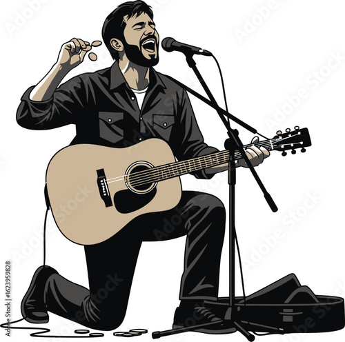 Vector art of a musician kneeling and singing while playing an acoustic guitar isolated on white background, capturing the essence of a live music performance