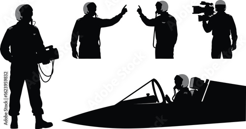 Vector art of silhouette of a fighter jet pilot and crew members isolated on white background