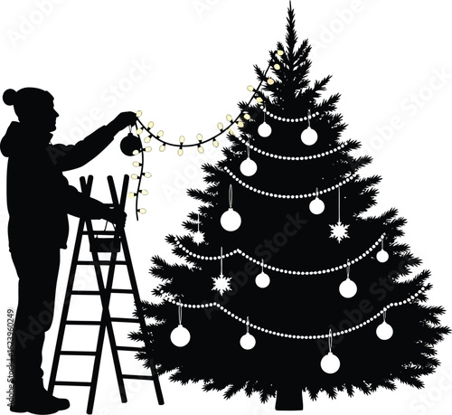 Vector art of silhouette of a person decorating a christmas tree with lights and ornaments isolated on white background