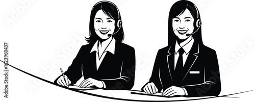 Vector art of two friendly customer service operators with headsets are ready to assist, isolated on white background, providing professional support for your business needs