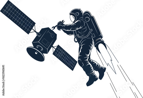 Vector art of an astronaut is flying with a jetpack to repair a satellite in space, isolated on white background