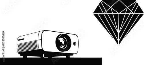 Vector art of a projector and a diamond graphic isolated on white background, representing technology and luxury