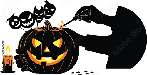 Vector art of a halloween pumpkin being carved with scary faces, isolated on white background
