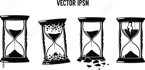Vector art of a set of hourglasses showing the passage of time, including broken ones, isolated on white background