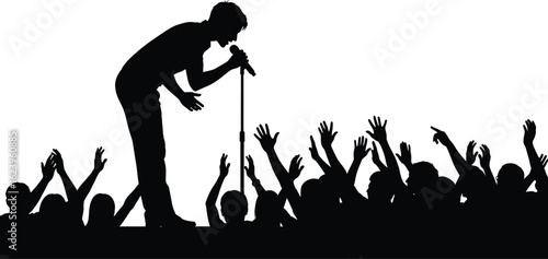 Vector art of a singer performs on stage with a microphone in front of a cheering crowd, silhouetted against a white background, capturing the energy of a live concert