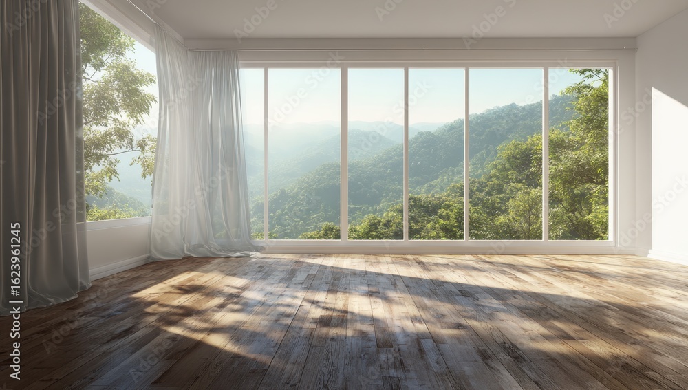 Fototapeta premium Serene room with sunlight streaming through expansive , showcasing a lush mountain view and creating a tranquil atmosphere.