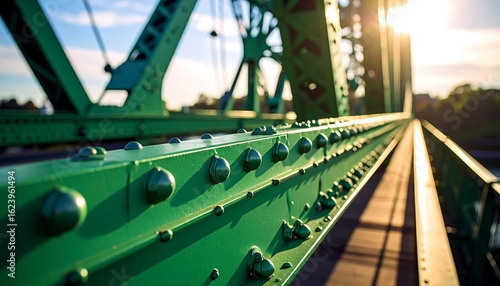 Close-up of green metal bridge beams