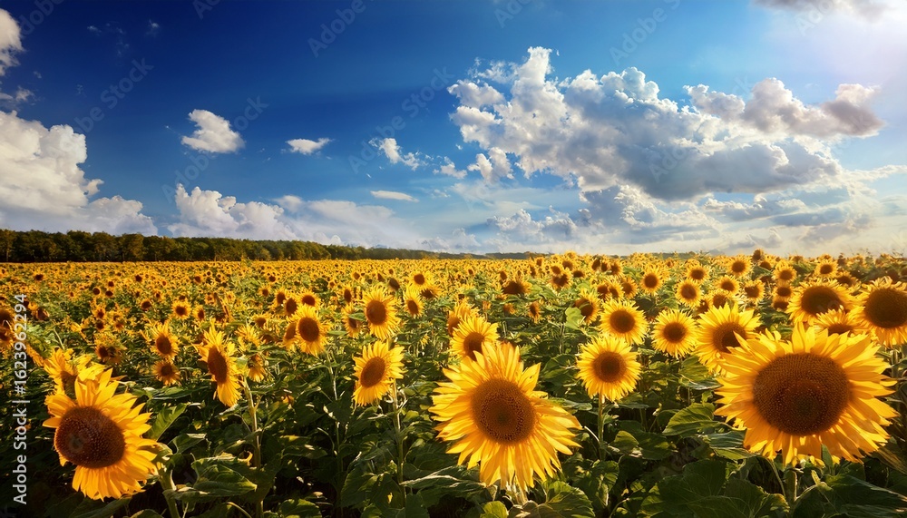 Obraz premium sunny sunflower field under a cloudy blue sky