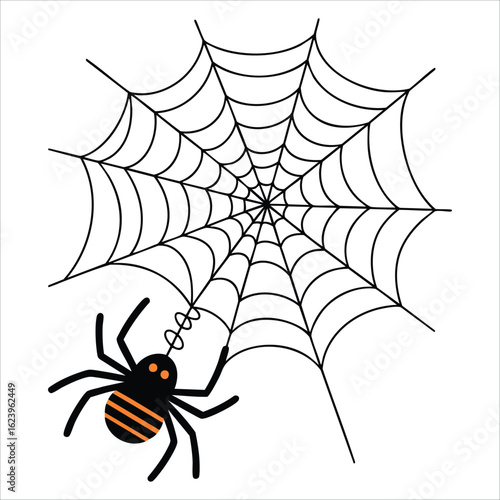 Vector illustration of black spider and torn web isolated on white, representing Halloween symbols and creepy web weaving for festive and spooky design use.