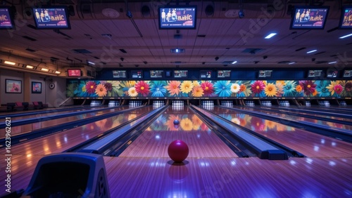 Empty Bowling Alley with Colorful Lights
Bowling Lane with Ball and Pins
