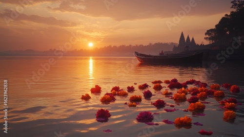 A peaceful image of flower offerings floating on the Ganga at twilight during festive season