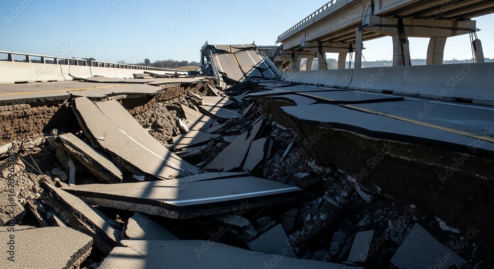 Fototapeta premium Collapsed highway bridge damaged infrastructure