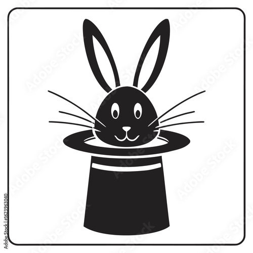 Solid Black Silhouette of Magician Pulling Rabbit from Hat – Flat Vector on White Square Background